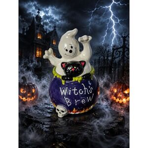 David's Cookies Halloween Witch's Brew Cauldron Cookie Jar Ghost Black Cat Skull